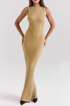 Flowering Girl Women glod Knitted Turtleneck Sleeveless maxi Dress