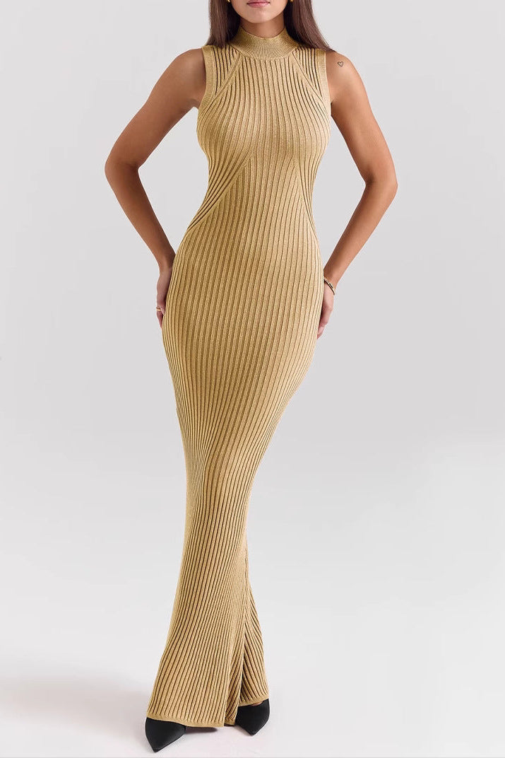 Flowering Girl Women glod Knitted Turtleneck Sleeveless maxi Dress