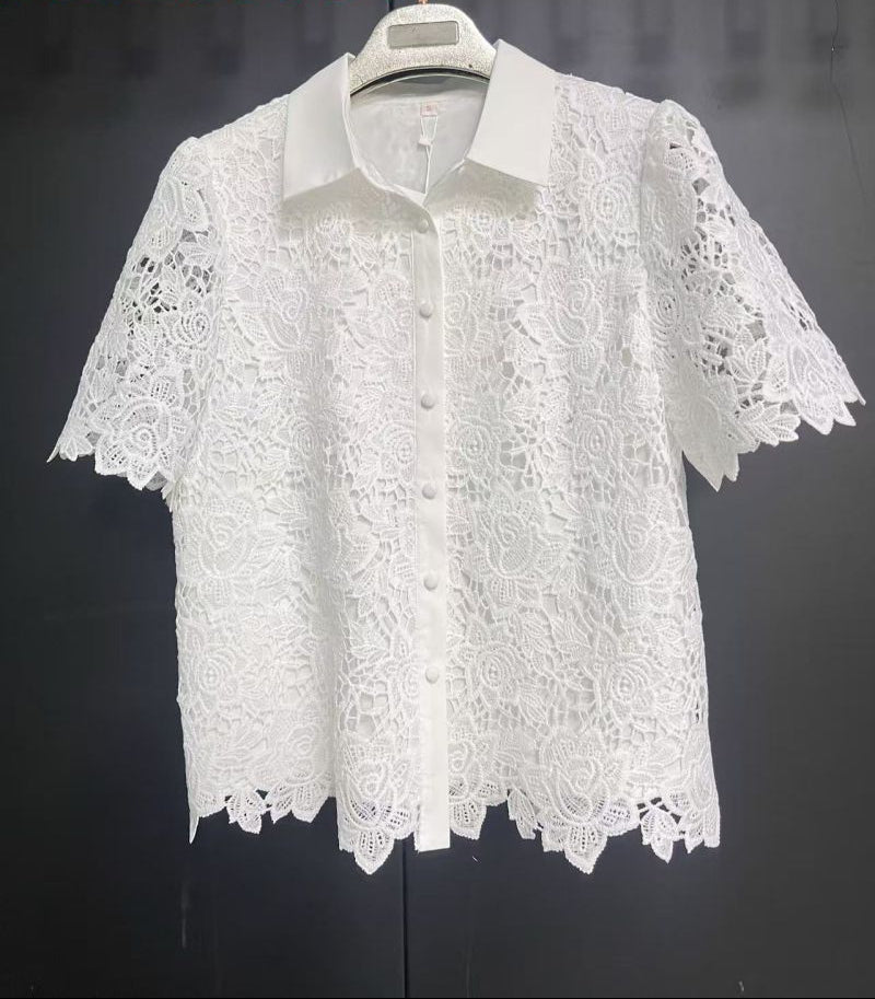 White Cut-Out Embroidery Lace Short-Sleeved Shirt Top