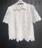 White Cut-Out Embroidery Lace Short-Sleeved Shirt Top