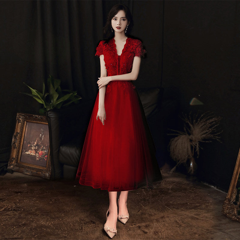 3D Floral Lace Short Sleeve Tulle Floor-Length Evening Gown