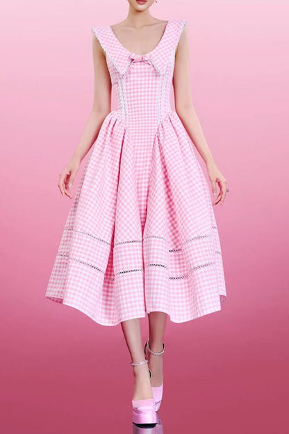 xylia bowknot neck plaid sleeveless midi dress - pink