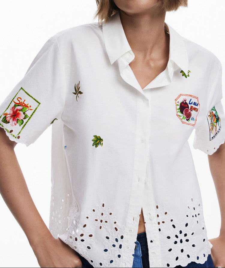 White Embroidered Eyelet Hem Short Sleeve Shirt