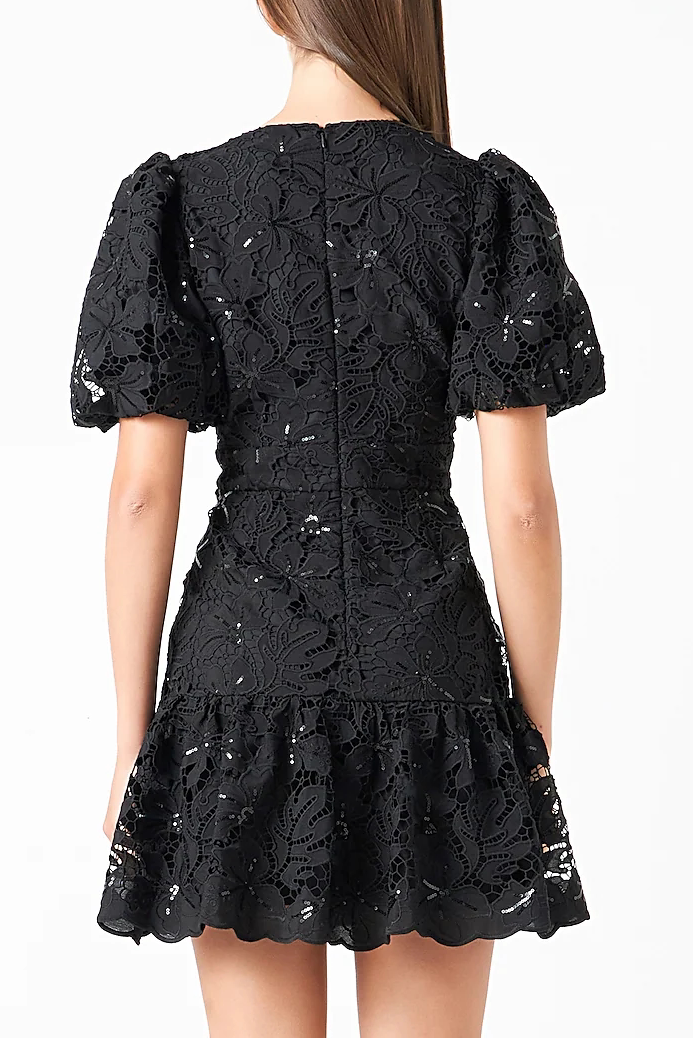 black sequin lace fitted flared mini dress