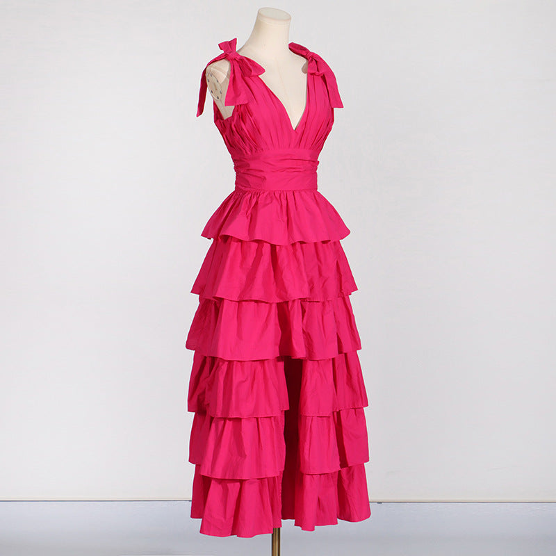 Flowering Girl Women Plunge V Ruffle Tiered Slit Gown In Pink
