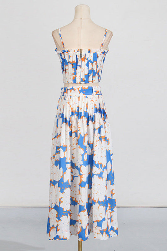 Pleated floral-print linen bustier top skirt set in blue