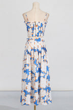 Pleated floral-print linen bustier top skirt set in blue