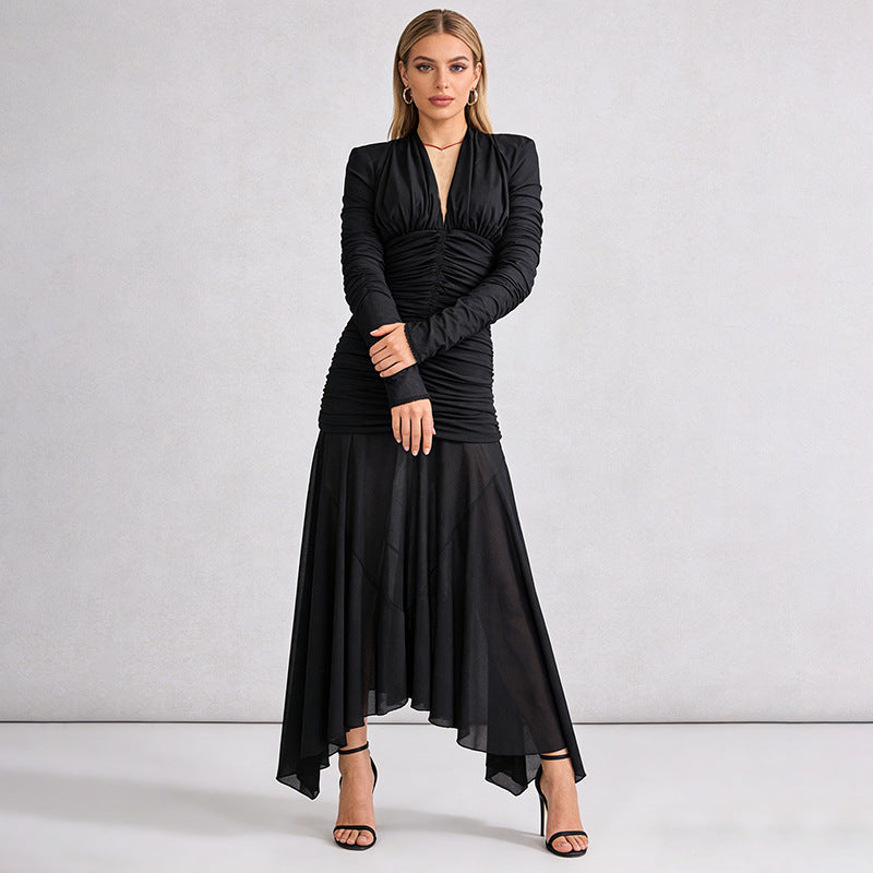 Flowering Girl Women Josephine v-Neck Ruched Long-Sleeve Maxi Dress In Black
