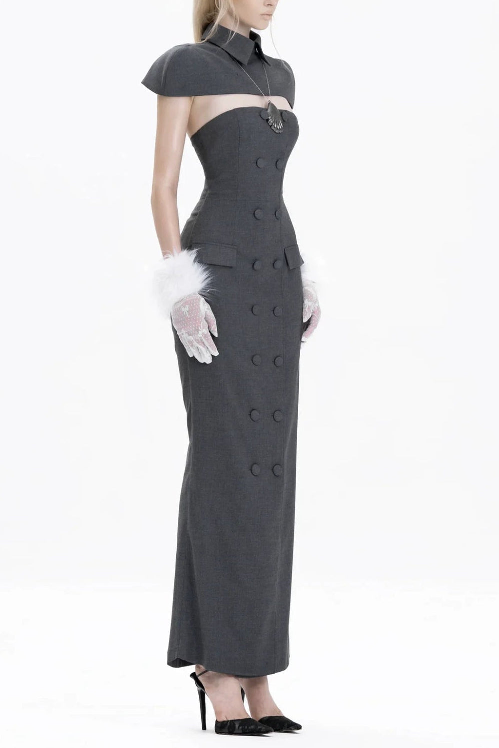 Flowering Girl Women Double-breasted strapless sleeveless suit with lapel - grey