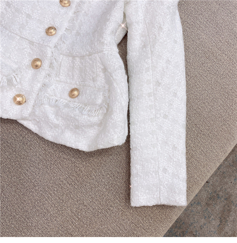 Flowering Girl Women Metal button wool shorts two-piece set - white