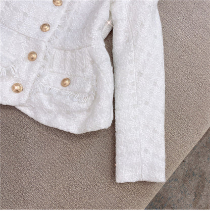 Metal button wool shorts two-piece set - white