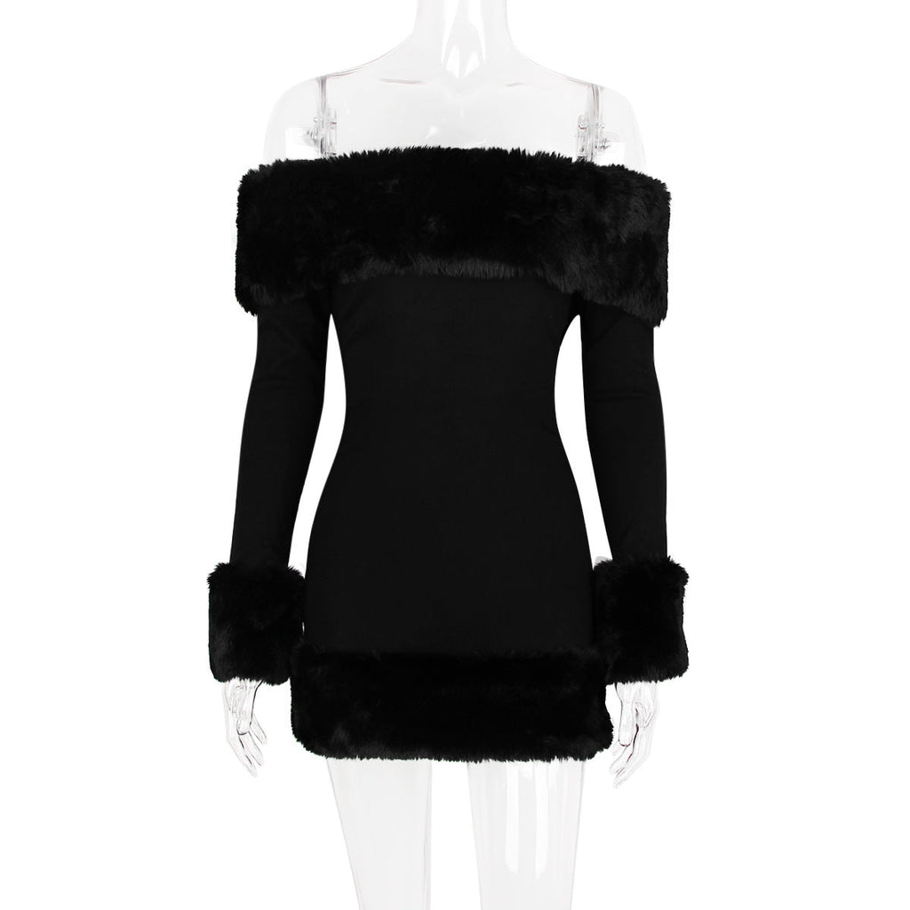 rita Black long-sleeve off-shoulder mini dress with fuzzy details