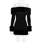 Flowering Girl Women Rita Black Long-Sleeve Off-Shoulder Mini Dress With Fuzzy Details