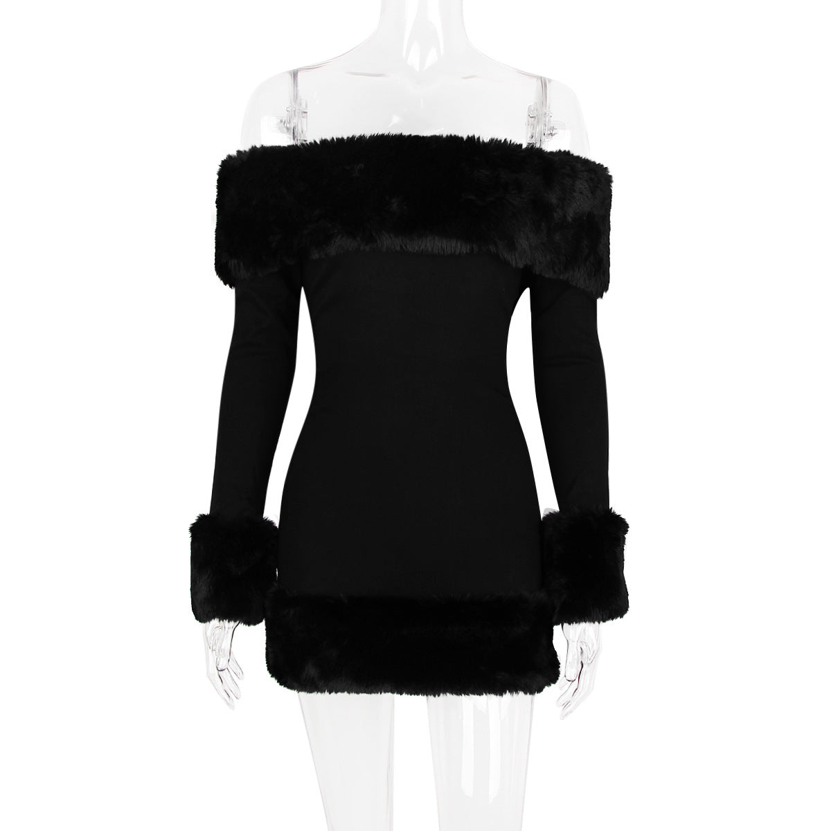 Flowering Girl Women Rita Black Long-Sleeve Off-Shoulder Mini Dress With Fuzzy Details
