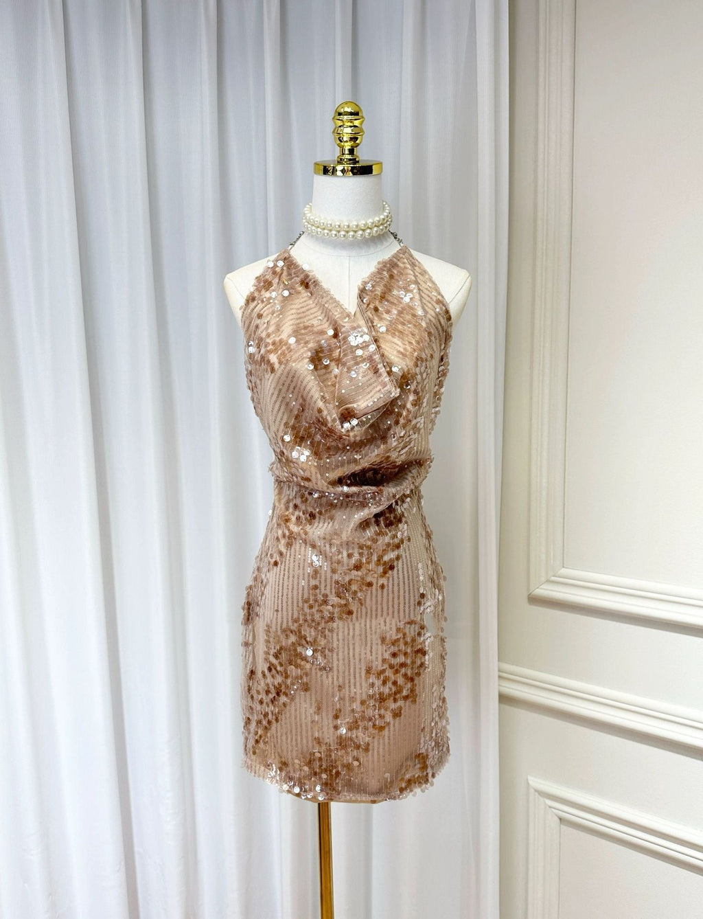 Flowering Girl Women setlla Halter Sleeveless Sequin Mini Dress in kahki brown
