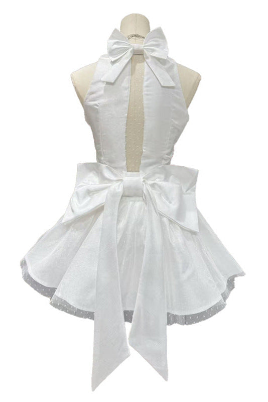 nora off-shoulder Backless lace bow mini dress in white