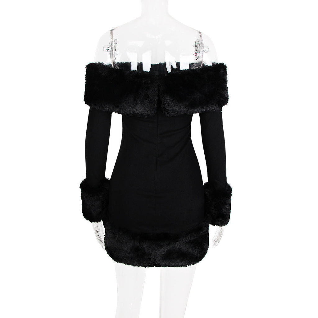 Flowering Girl Women Rita Black Long-Sleeve Off-Shoulder Mini Dress With Fuzzy Details