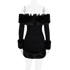 Flowering Girl Women Rita Black Long-Sleeve Off-Shoulder Mini Dress With Fuzzy Details