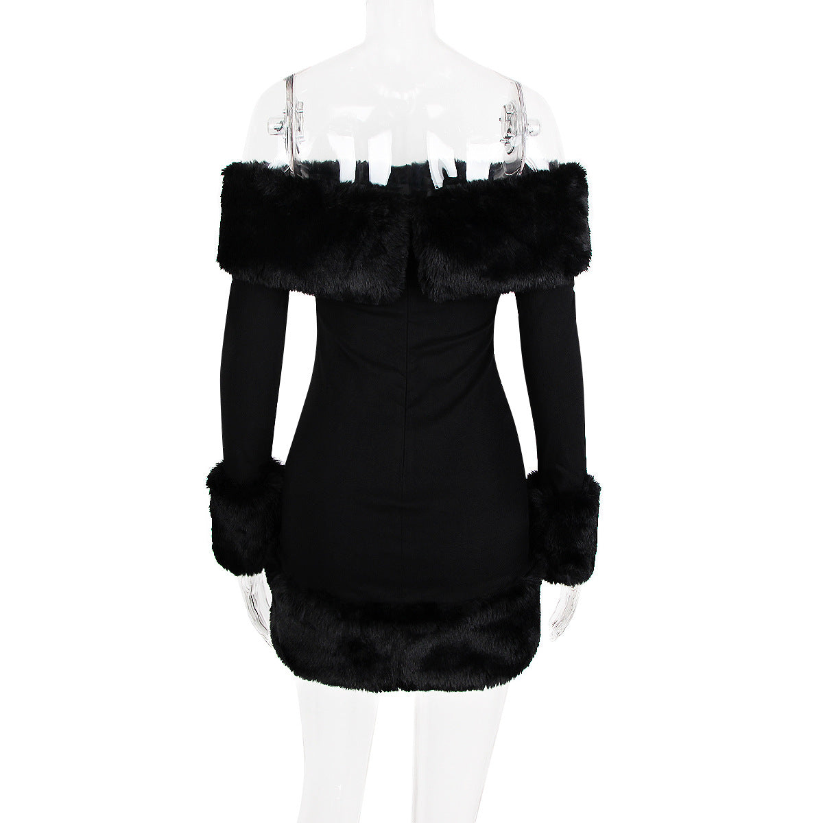 Flowering Girl Women Rita Black Long-Sleeve Off-Shoulder Mini Dress With Fuzzy Details