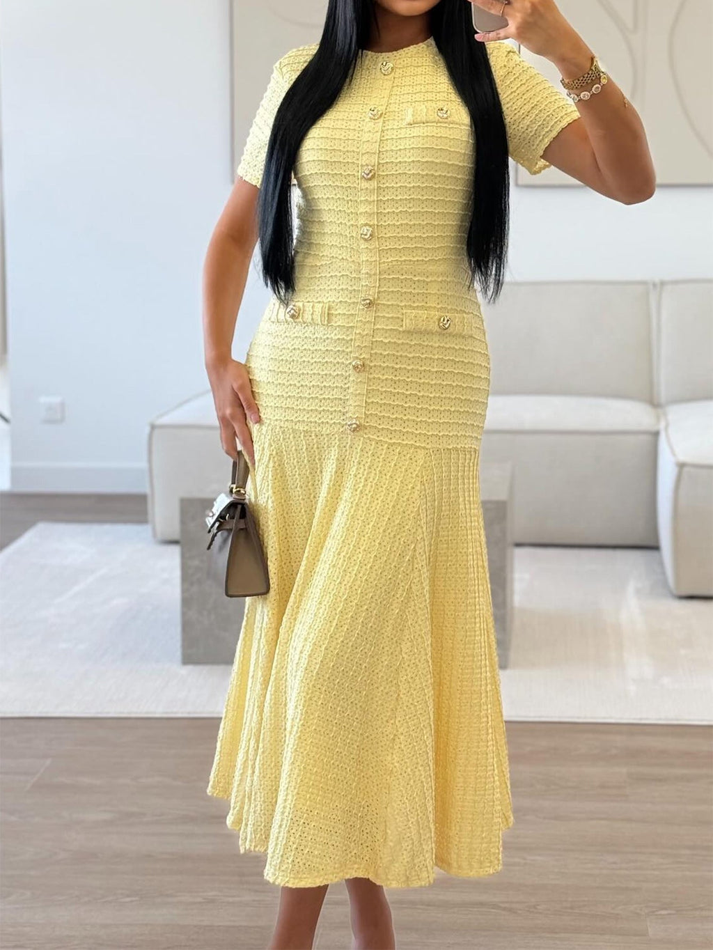 Flowering Girl Women yellow buttons short sleeves maxi dress