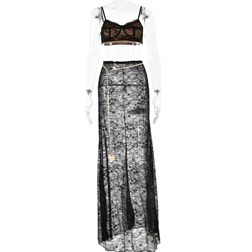 Flowering Girl Women LACE SKIRT SET WITH WAIST CHAIN IN BLACK
