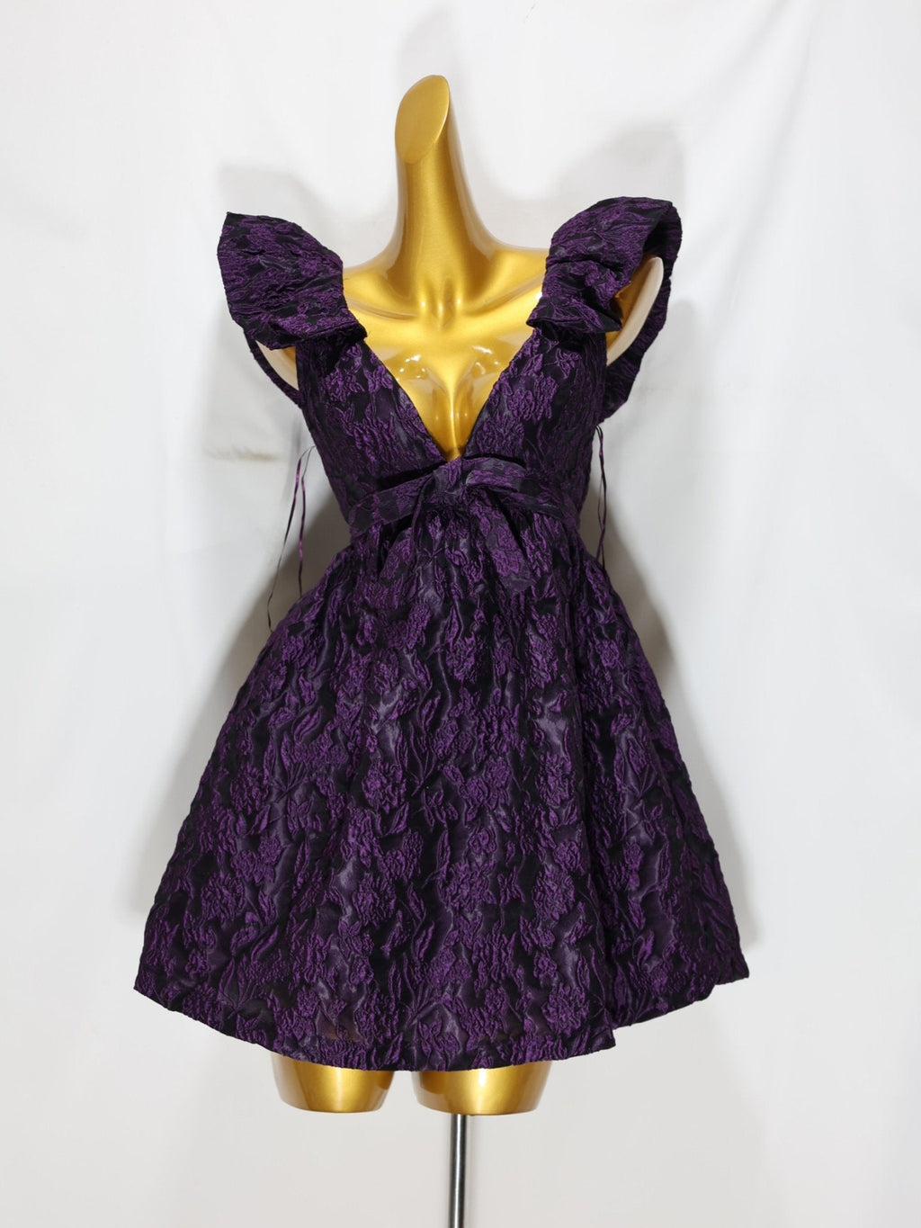 Jacquard Plunge Mini Dress In Deep Purple