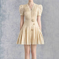 Pleated V-Neck Bud Sleeves Flower Waist A-Line Skirt
