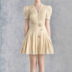 Pleated V-Neck Bud Sleeves Flower Waist A-Line Skirt