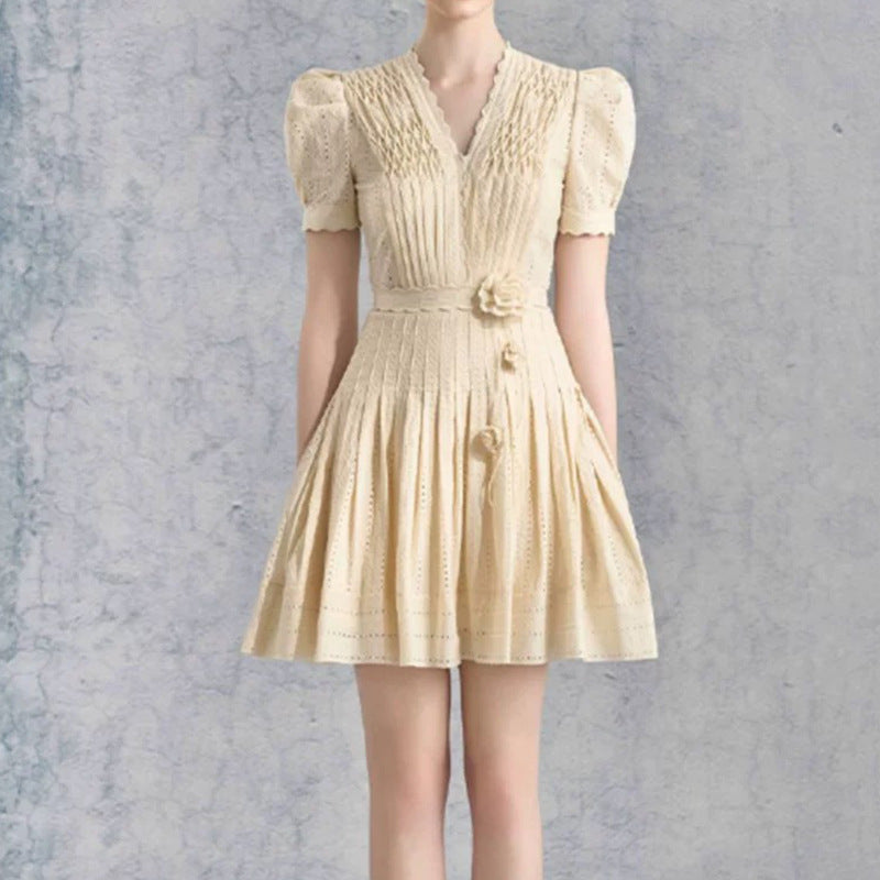 Pleated V-Neck Bud Sleeves Flower Waist A-Line Skirt