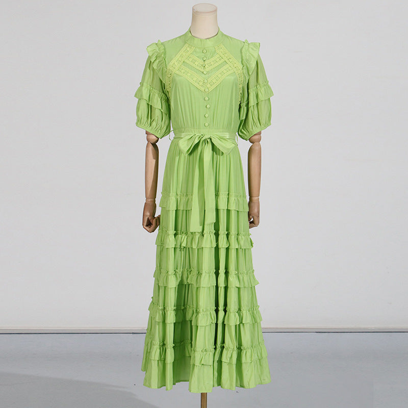 Flowering Girl Women Lace ruffle trim layer midi dress in green