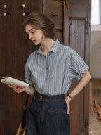 Flowering Girl Women cotton dark striped color-block patchwork shirt