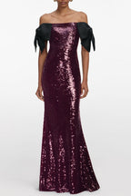 Jessie Bow Detail Bardot Sequin Maxi Dress In Burgundy