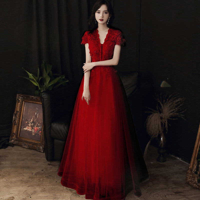 3D Floral Lace Short Sleeve Tulle Floor-Length Evening Gown