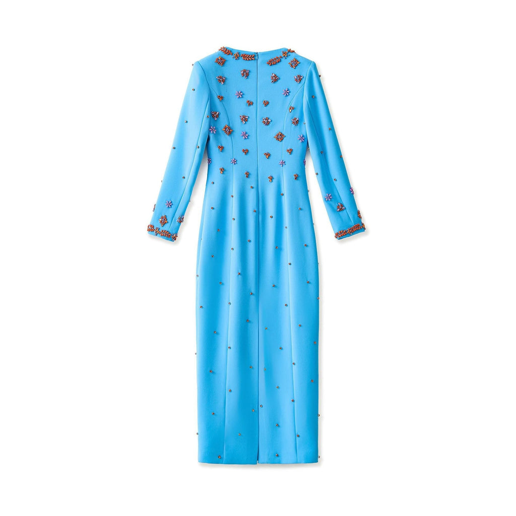 meroy square neck floral Beading Embroidery maxi dress in sky blue