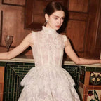 Sleeveless Stand Collar Lace Tutu mini dress in white