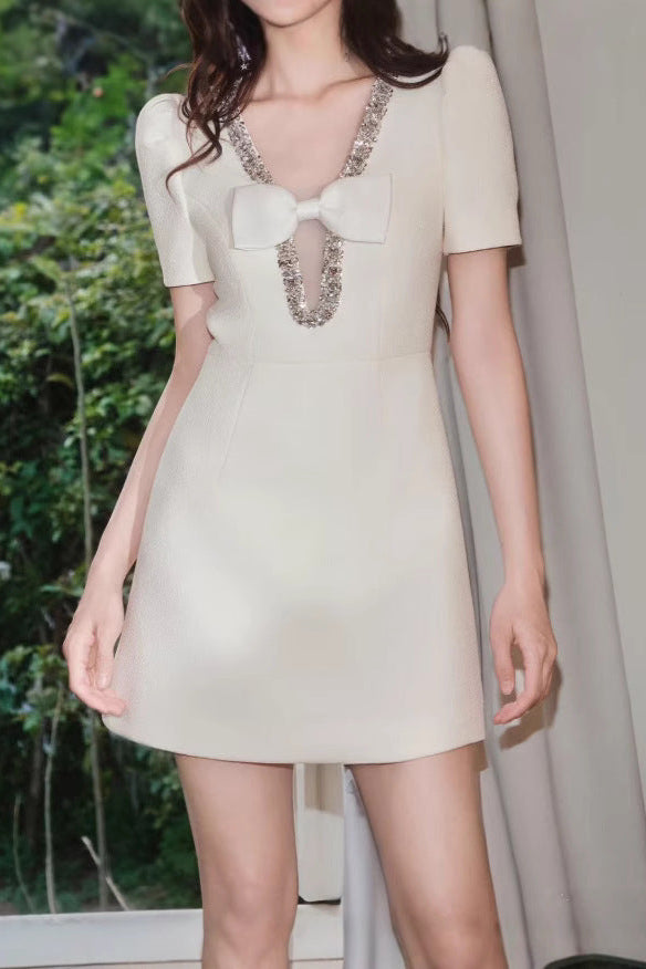 Flowering Girl Women V-Neck Diamond Chain Bow Mini Dress In Ivory