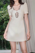 Flowering Girl Women V-Neck Diamond Chain Bow Mini Dress In Ivory
