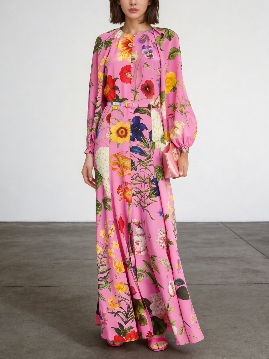 Pink Floral Print Single-Breasted Satin Maxi Dress