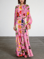 Pink Floral Print Single-Breasted Satin Maxi Dress