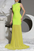 Flowering Girl Women Amy Mesh Stitching Diamond High Collar Bandage Maxi Dress In Green