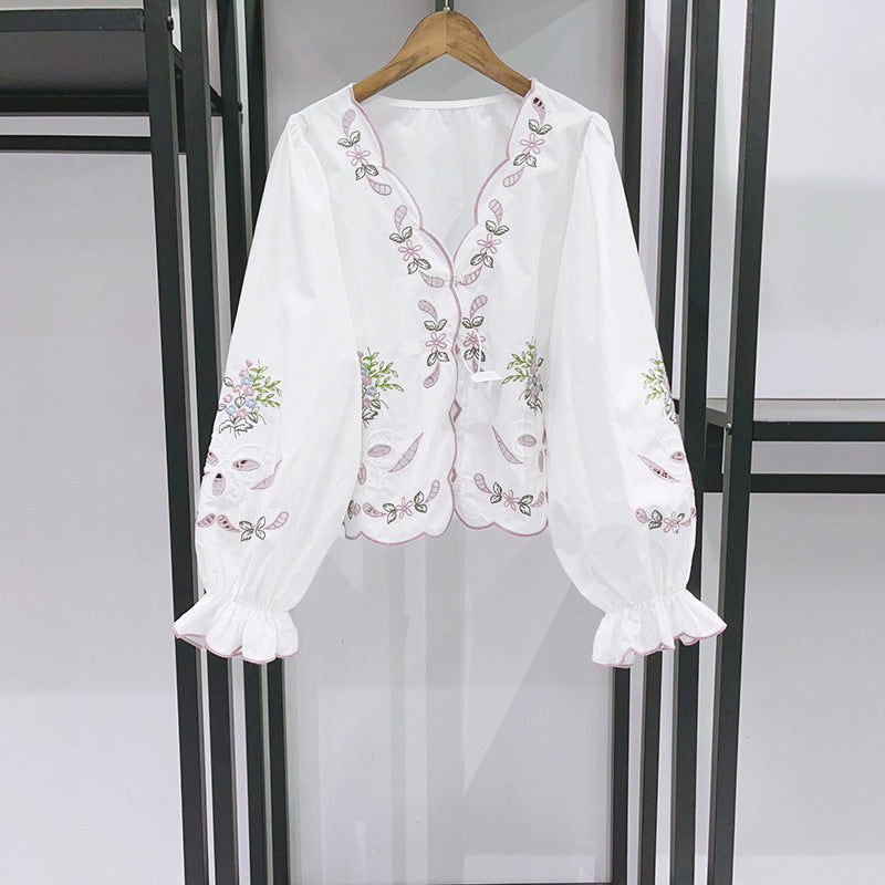 Openwork Embroidered V-Neck Closed Flared Sleeve Shirt