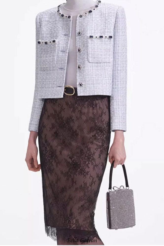 zenobia pale blue beaded Embellished Tweed Jacket