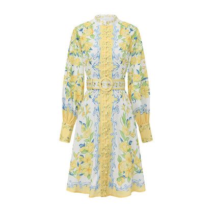 Lemon Floral Single-Breasted Midi Dress With Belt - yellow