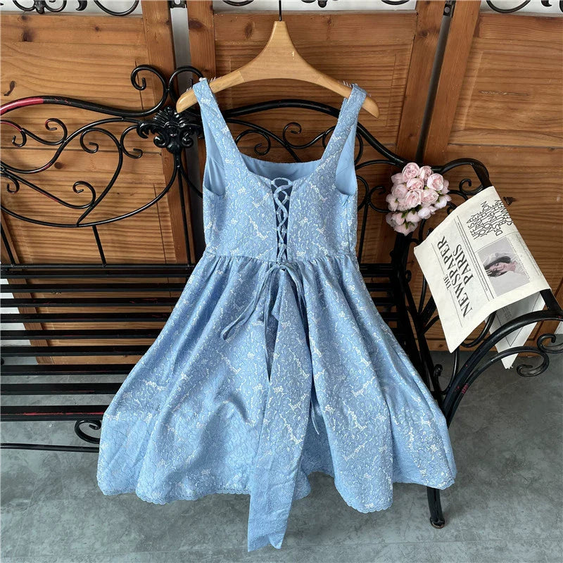 Beaded Square Neck Retro Jacquard Bow Strap Waist A-Line Mini Dress