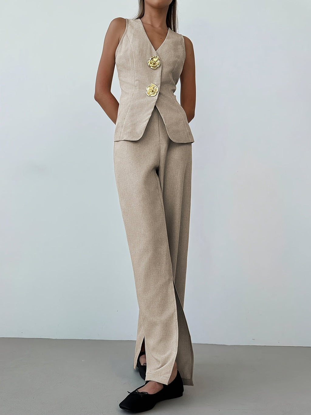 Flowering Girl Women Khaki High Waist Front Slit Wide Leg Suit Pants Textured Linen Blend Office Trousers