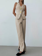 Flowering Girl Women Khaki High Waist Front Slit Wide Leg Suit Pants Textured Linen Blend Office Trousers