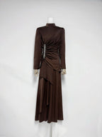 Beulah Long Sleeves With Beading Pleated Maxi Dress In Brown