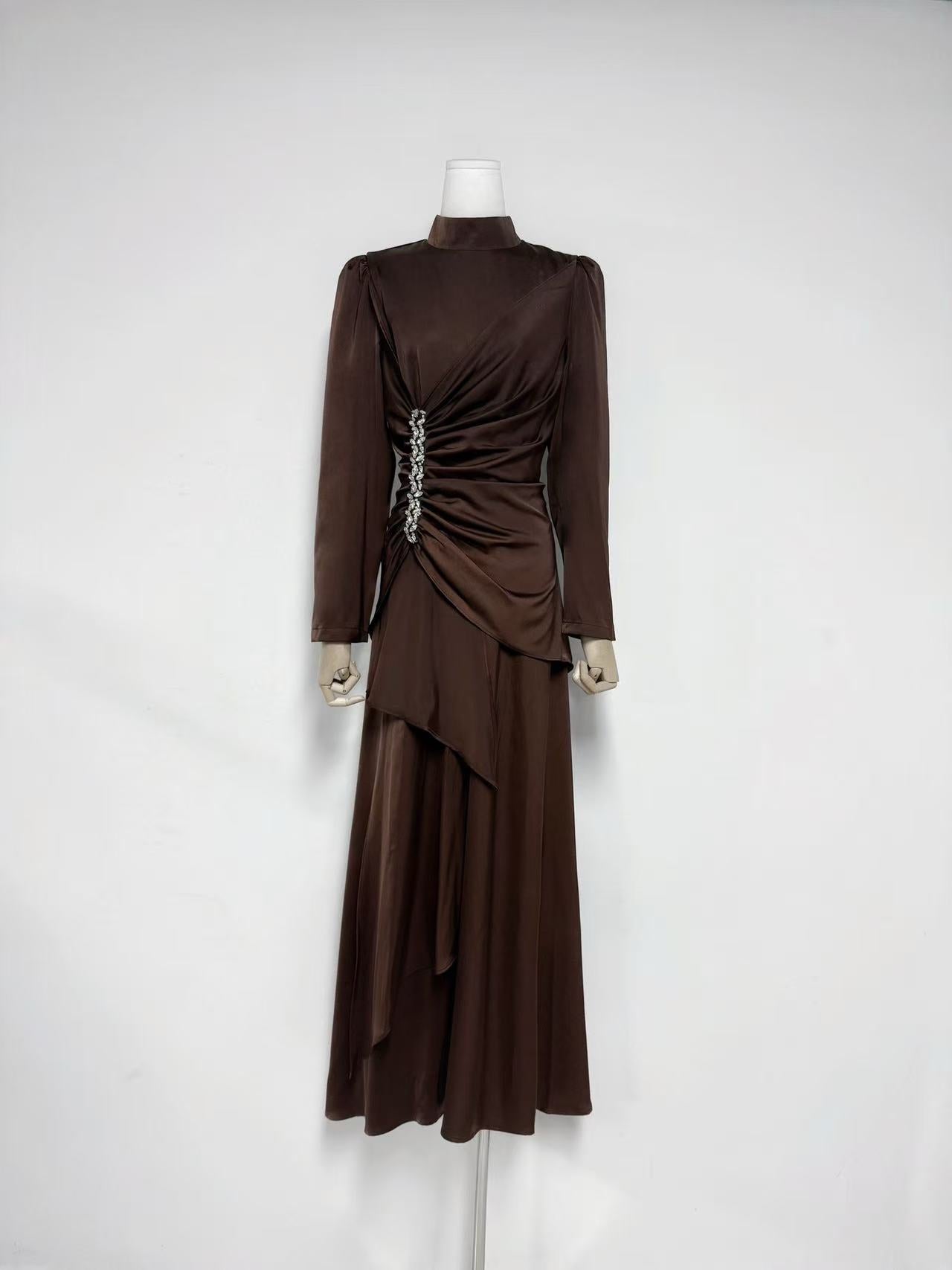 Beulah Long Sleeves With Beading Pleated Maxi Dress In Brown
