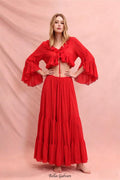 Flowering Girl Women Ruffle cardigan crop top & maxi skirt set - red
