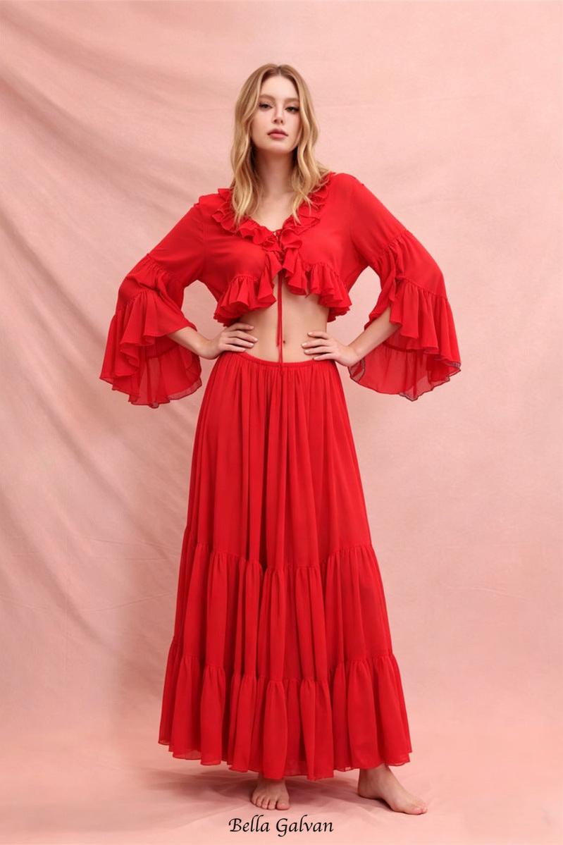 Ruffle cardigan crop top & maxi skirt set - red
